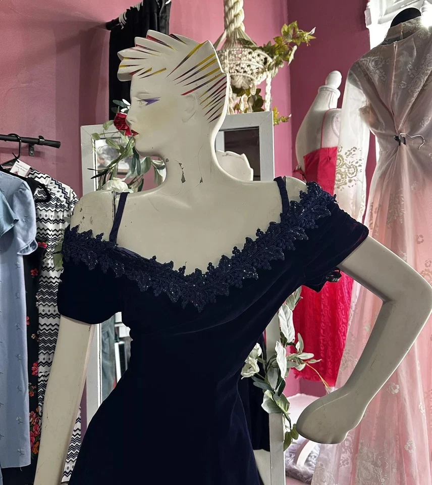 Vintage 90s Purple Velvet Mini Dress Fit & Flare Off Shoulder Grunge Fairy S - Image 3 of 4