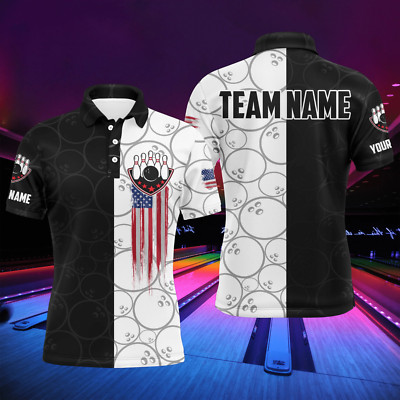 Custom Grunge White American Flag Bowling Polo Shirt For Mens, Custom Patriotic Bowling Team Shirts BM0339