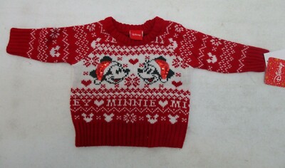 DISNEY MICKEY & MINNIE MOUSE BABY TODDLER 3M CHRISTMAS SWEATER RED SEQUINS NEW