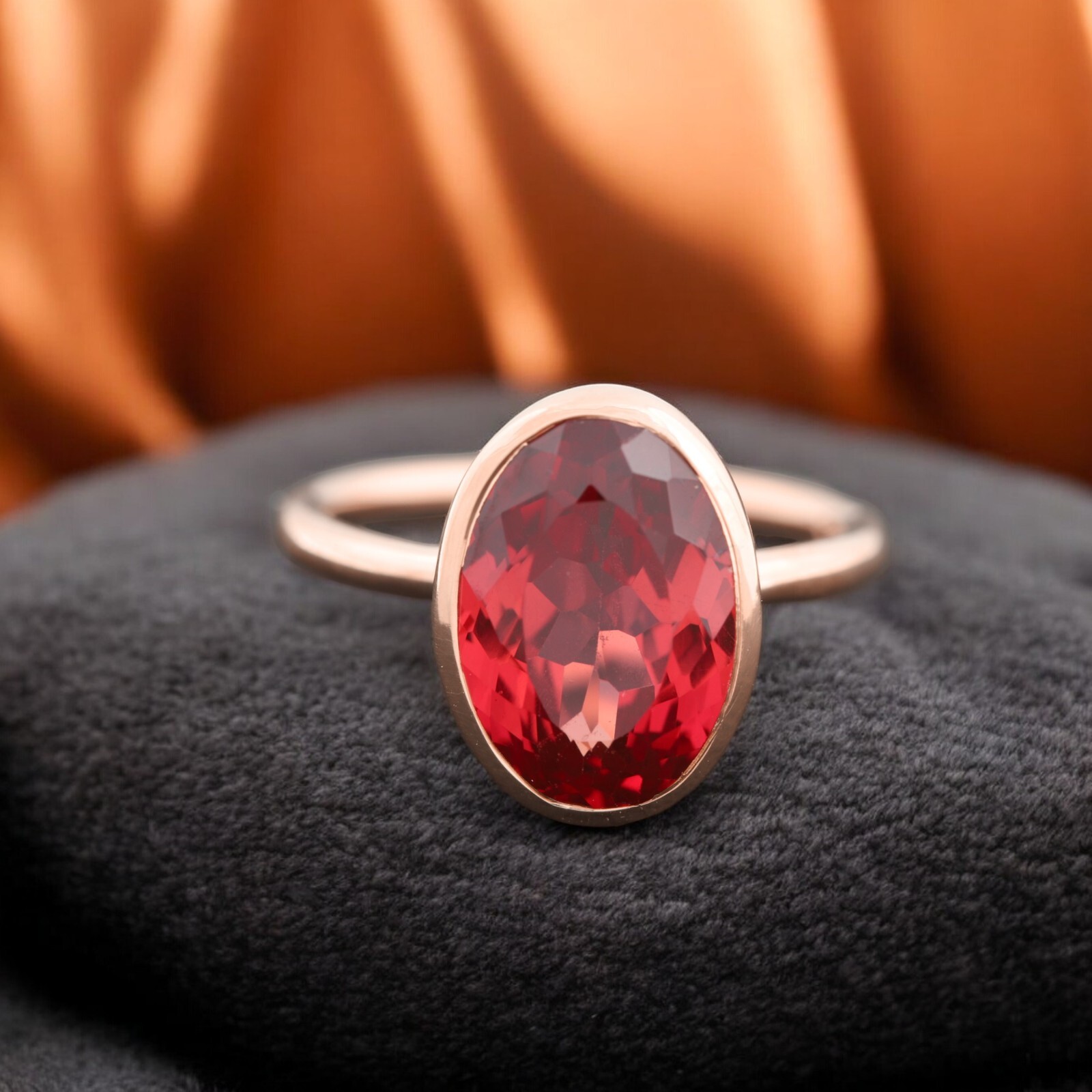 925 Sterling Silver Oval Shape 16x12 mm Red Ruby Rose Gold Plated Solitaire Ring