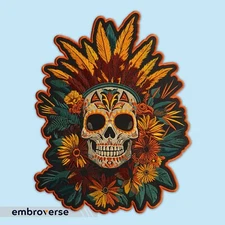 Aztec Feather Sugar Skull Embroidered Patch, Floral Day of the Dead Calavera