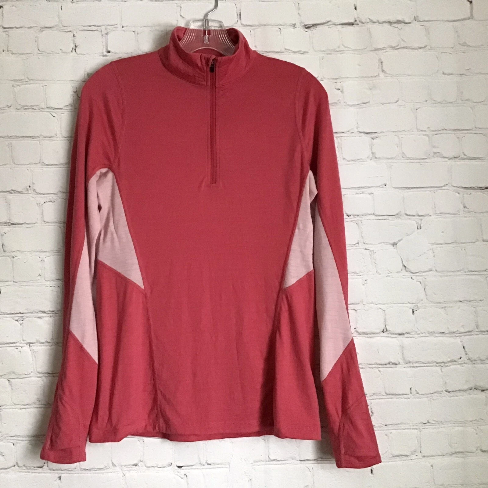 Ibex Womans Merino Wool Quarter Zip size XS Pink Colorblock Thumb Holes EUC