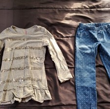 girl 7 pull on polka dot jeggings, and gray long sleeve with sequin