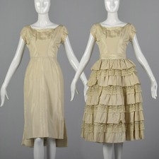 XS 1950s Short Sleeve Ivory Wedding Dress Lace Ruffle Overskirt Pencil Skirt 50s