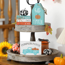 Fall Blue Tiered Tray Decor Set, 17Pcs Fall Pumpkin Wood Signs Decor
