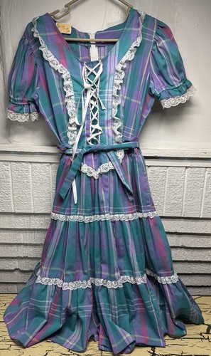 VTG Jeri Bee Square Dance Blue Purple Dress White Lace Trim Ribbon Womens Sz 14