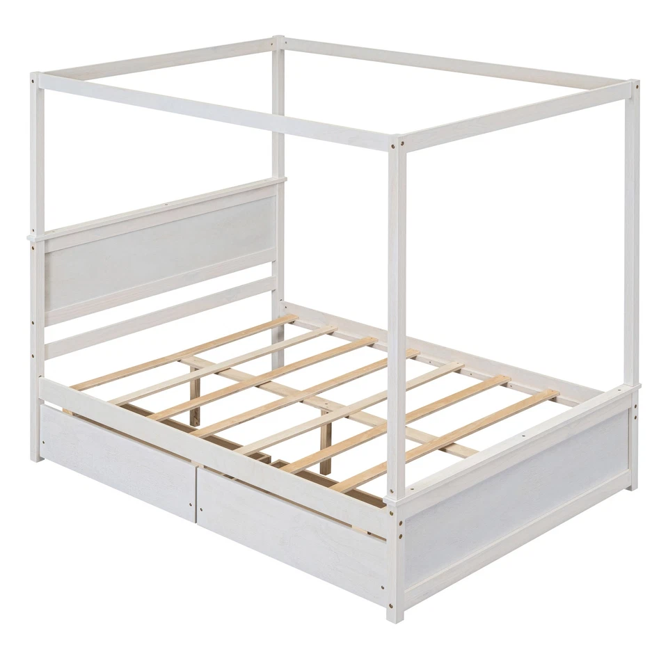 Wood Canopy Bed with two Drawers, Full Size Canopy Platform bed With Support Sla - Image 4 of 4