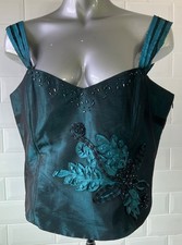 SIZE 16 TURQUOISE TEAL TAFFETA & MESH BEADED EVENING BODICE TOP GOTH STEAMPUNK