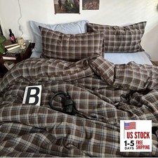 Plaid Duvet Cover Set Queen Size 3 Queen No Comforter 02-brown Blue Plaid