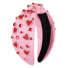 Valentine s Day Headband for Women Red Pink Heart Knotted Headband Jeweled Rh...