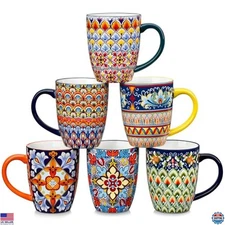 Set of 6 Large Ceramic Coffee Mugs, 16 oz, Boho Style, Dishwasher Safe