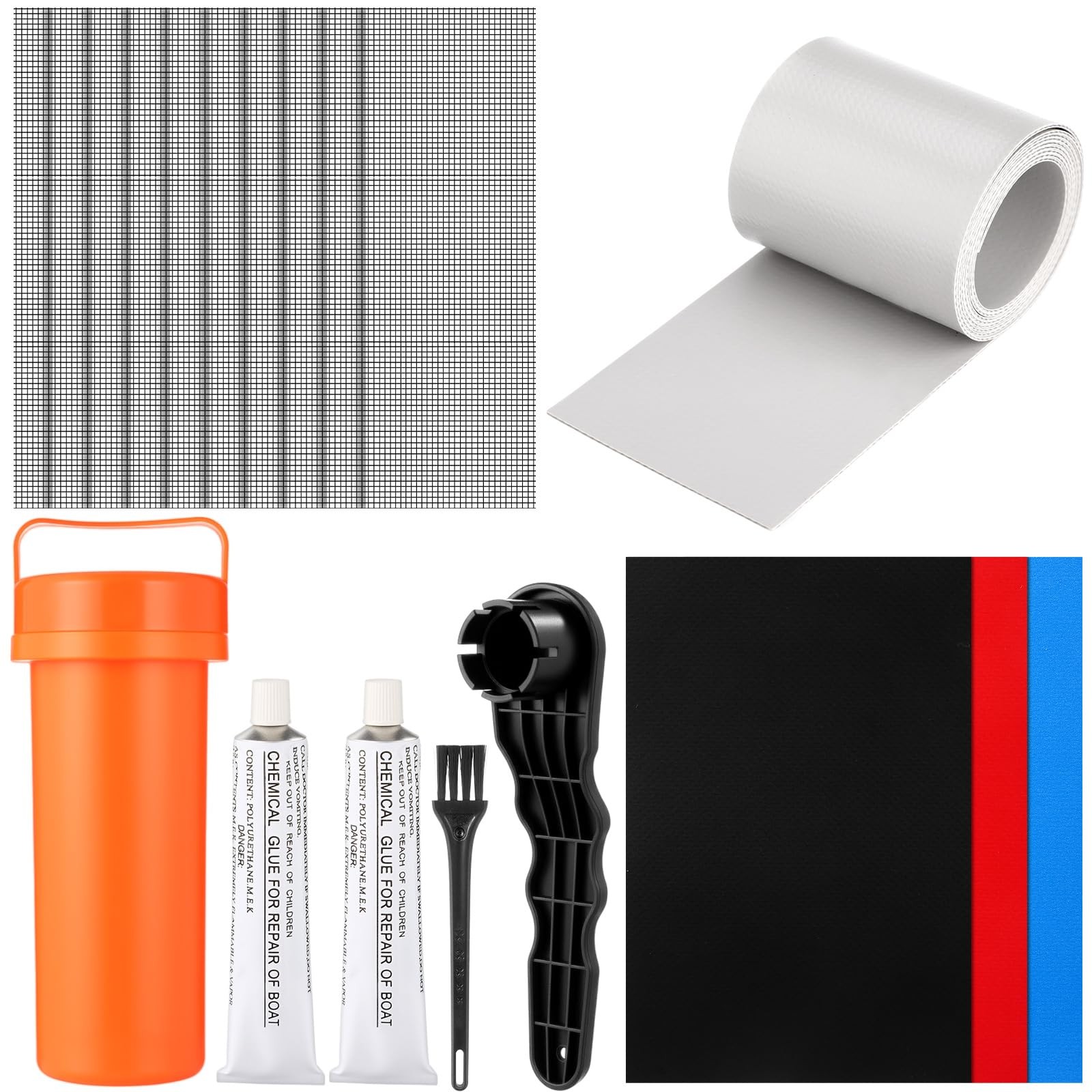 Inflatable Boat Repair Kit, 3 PVC Patch, Mesh, Tape, 2 30ml 