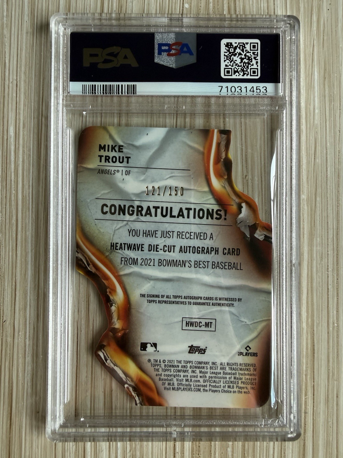 Mike Trout 2021 Bowman’s Best Heatwave Ref. Die Cut Auto #/150 PSA 9 #HWDC-MT LA view 3