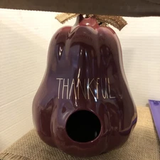 NWT RAE DUNN Maroon & Gold THANKFUL Gourd Shaped 8.5" Ceramic Bird House