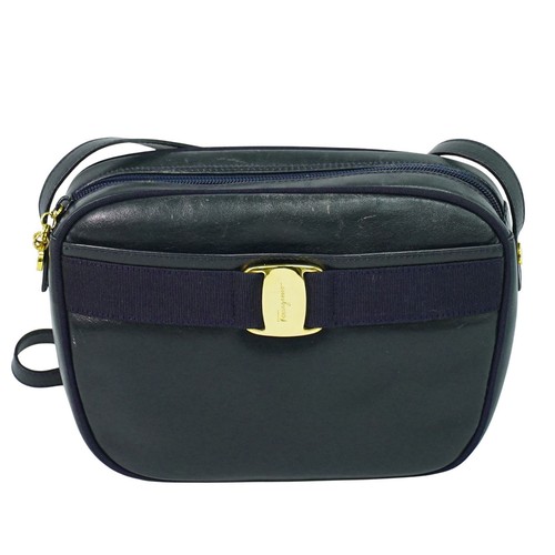 Salvatore Ferragamo Vara Leder Schultertasche Umhängetasche Navy Gold - Bild 1 von 15