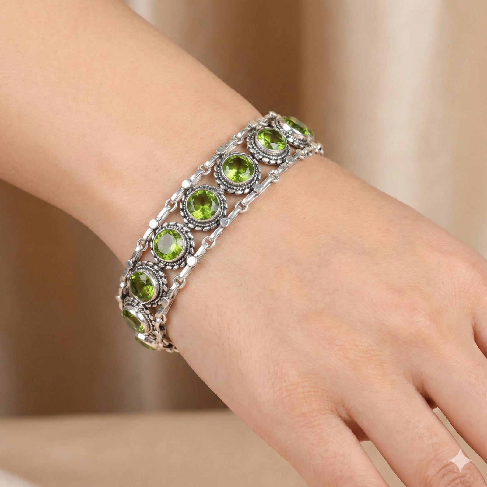Green Peridot Gemstone Handmade 925 Sterling Silver Jewelry Chain Bracelet ADJ