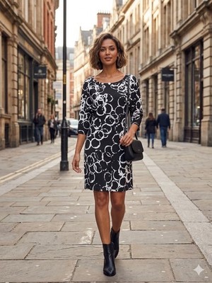 NWT Nally&Millie $119 Black White Abstract 3/4 Sleeve Boho Shift Dress Women M