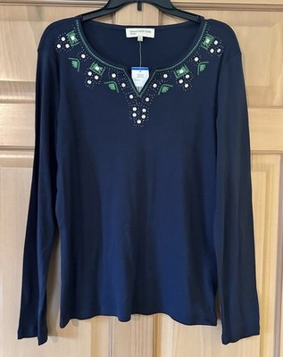 NWT Jones New York Sport Navy Women s Top XL Green/White/Silver Sparkles