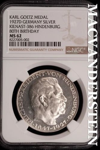 Germany: 1927D Karl Goetz Silver Medal - NGC MS 62 - Scarce  No Reserve  #SLi471