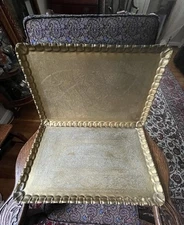 Antique Large Pair Of Qajar Persian Engraved Calligraphy Brass Trays 17 X 25