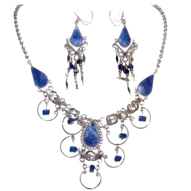 Parure bijoux femme plaqué argent et véritable lapis-lazuli bleu nuit de qualité supérieure