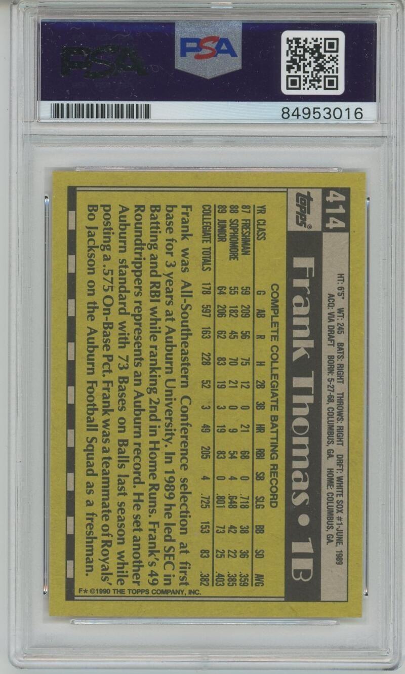 1990 Topps #414 Frank Thomas signed RC Rookie Card White Sox PSA/DNA auto view 2