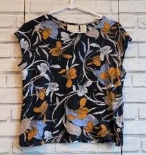 Cynthia Rowley Women's Size M 100% Linen Blouse Blue Tan Floral Iris Button Side