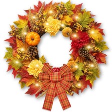 24 Inch Fall Wreaths for Front Door,Fall Door Wreath with Lights and Timer, A...
