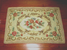 VTG 36X60 PALE PINK BEIGE RED PINK GREEN FLOWERS HAND HOOKED WOOL FOLK ART RUG