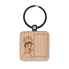 Happy Excited Manga Man Empty Speech Text Bubble Engraved Wood Square Keychain