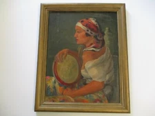 ANTIQUE OIL PAINTING PORTRAIT  ART DECO MODERNISM LISTED BETTY ROBERTS WOMAN