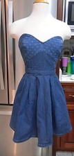 GUESS 2 BLUE JEAN DENIM STRAPLESS DRESS SWEETHEART NECK POLKA DOT Pleated WOMENS
