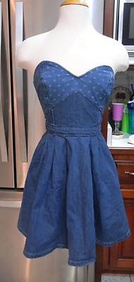 GUESS 2 BLUE JEAN DENIM STRAPLESS DRESS SWEETHEART NECK POLKA DOT Pleated  WOMENS | eBay