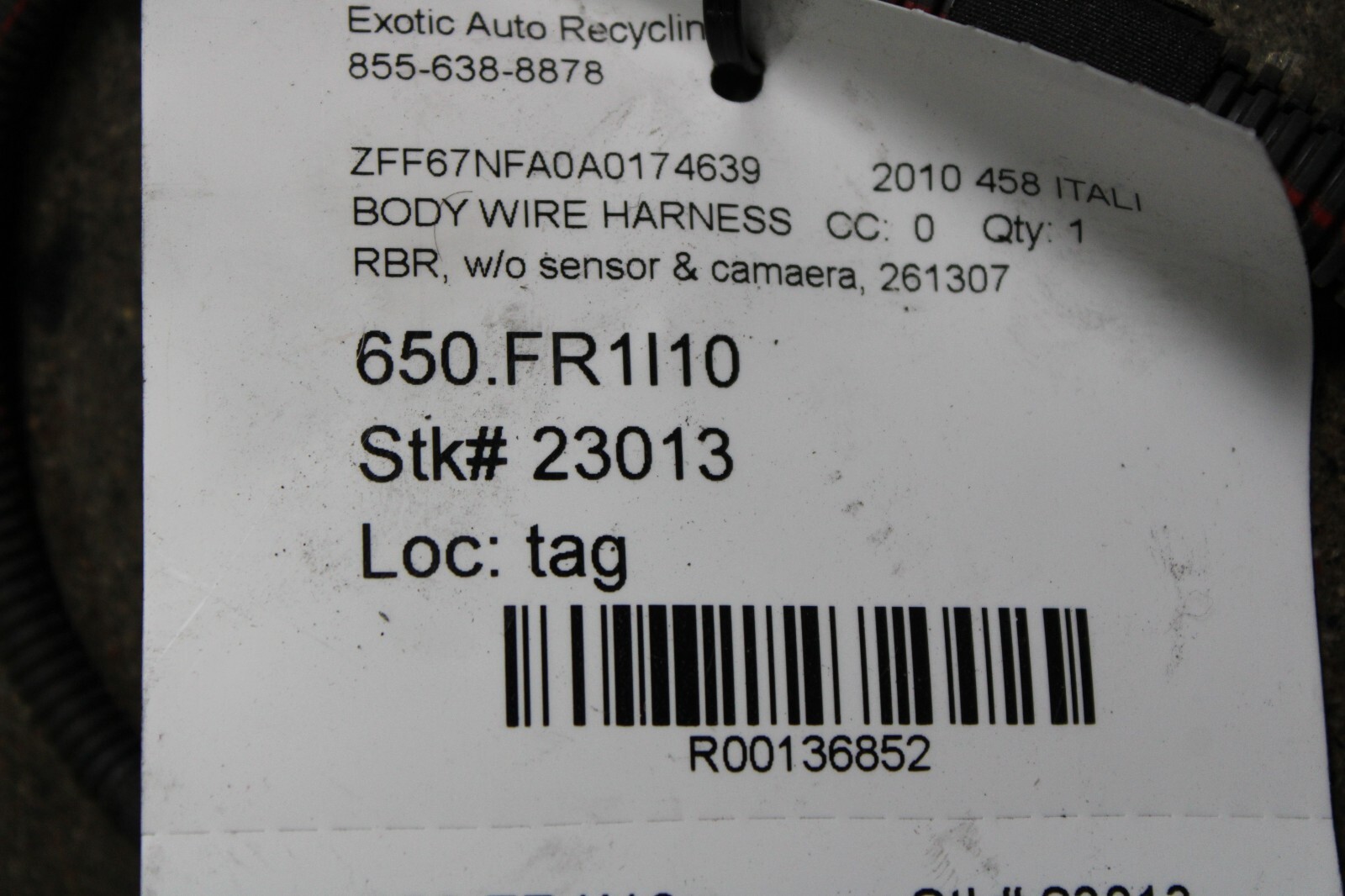 Ferrari 458 Italia, Spider, Rear Bumper Wire Harness, Used P/N 261307