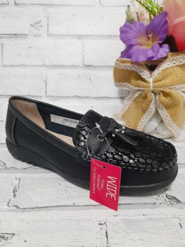 Ladies Action Leather Tassel Extra Wide Fit Casual Loafers Comfort Shoe Size 4-9 - Afbeelding 1 van 9