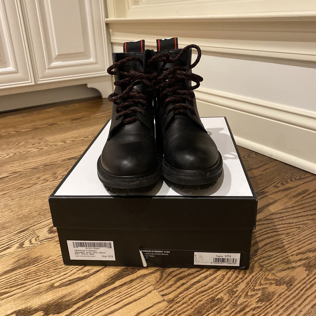 DSQUARED2 woman black leather ankle combat boot with logo