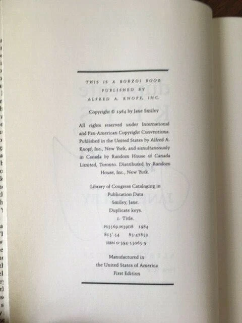 DUPLICATE KEYS Jane Smiley 1984 HC 1st/1st signed Like New book and dustjacket - Image 3 of 4