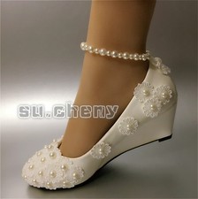 su.cheny Lace white ivory pearls flats low high heel pumps Wedding Bridal shoes