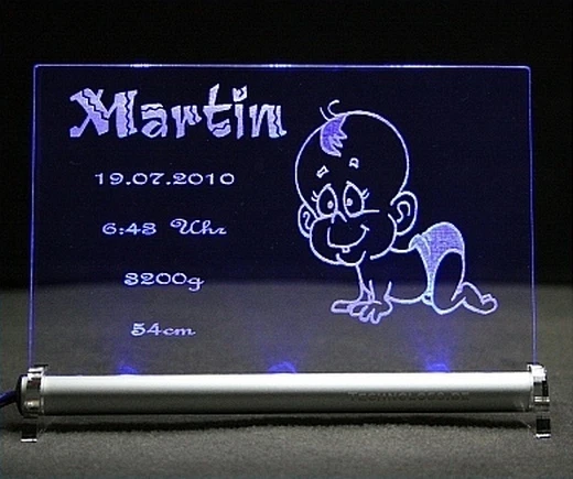 TECHNOLOGS Baby Geburtschild LED Leuchtschild Gravur nach Wunsch Name, Datum, Gewicht ...