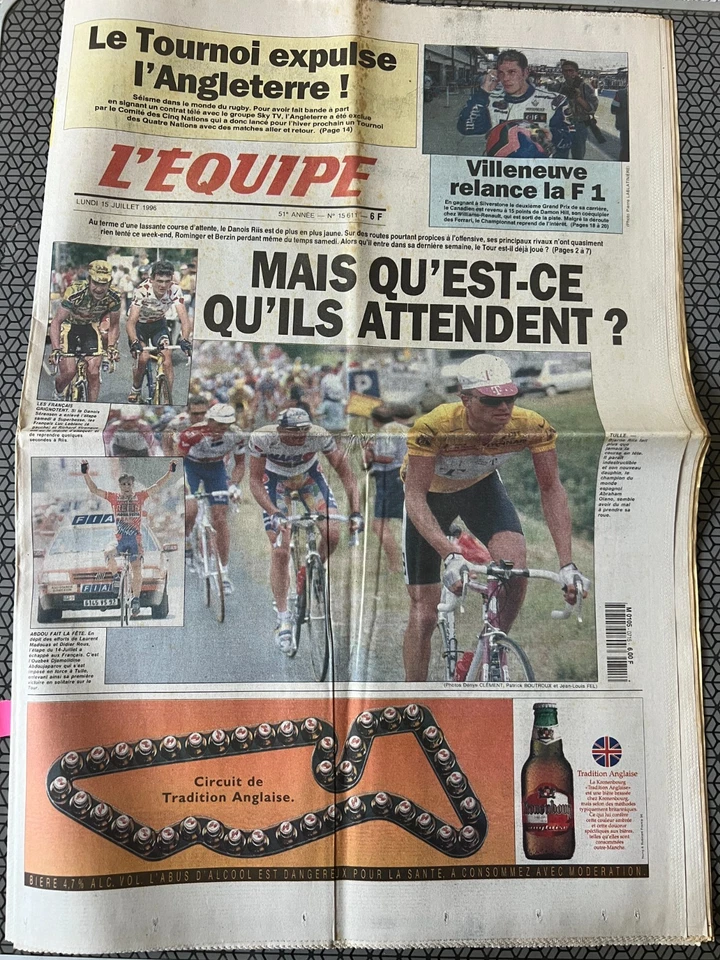 b)L'Equipe Journal 15/07/1996; Tour de France/ Villeneuve relance la F1 - Photo 1/1