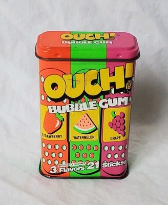 Vintage 1990s Ouch! Bubble Gum Strawberry Watermelon Grape Empty Metal Tin