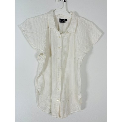 Gap White Metallic Stripe Gauze Flutter Sleeve Button Up Shirt Top Womens S