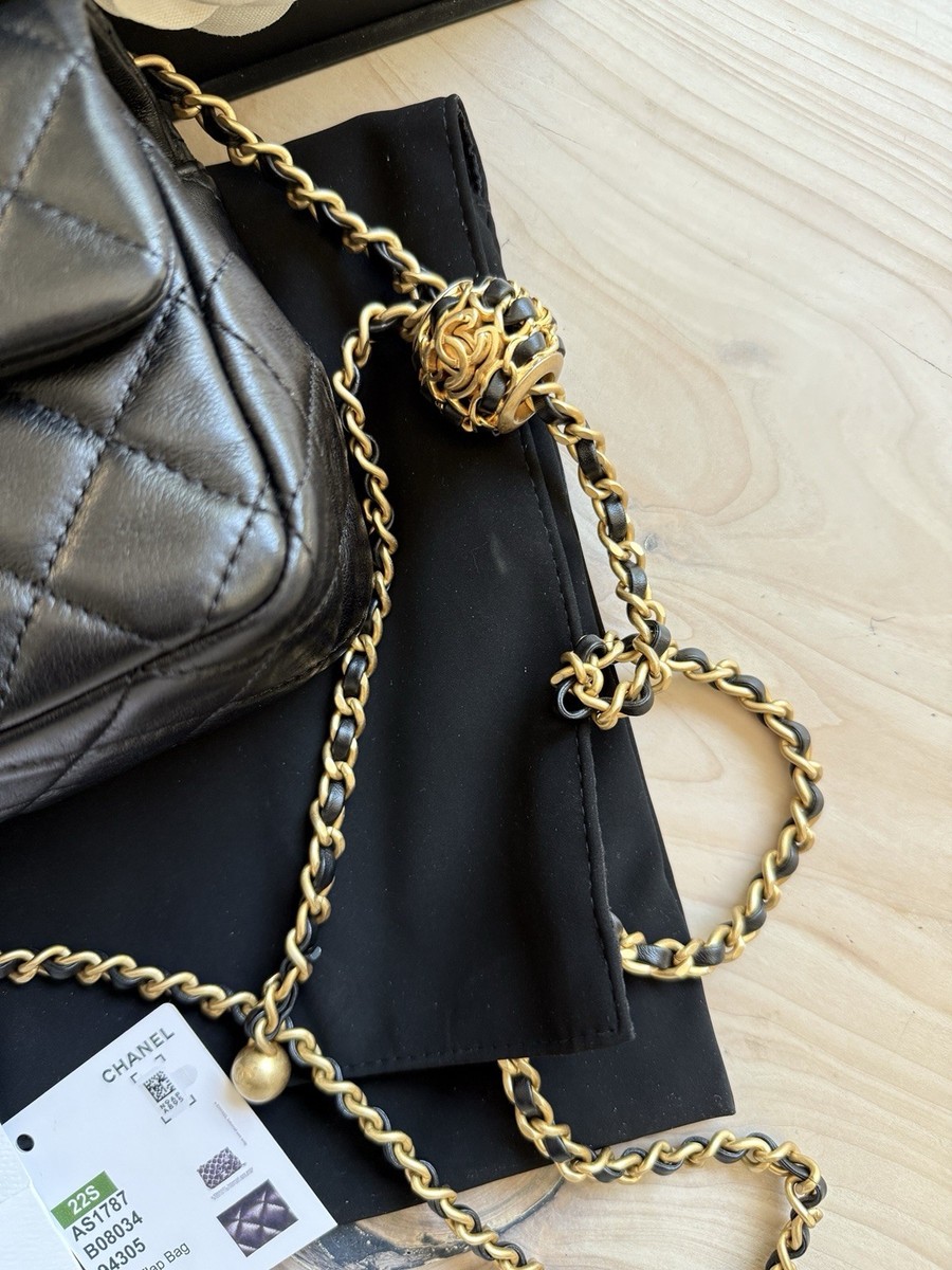 CHANEL 22S Black Mini Rectangle Pearl Crush Braid Gold Ball Flap