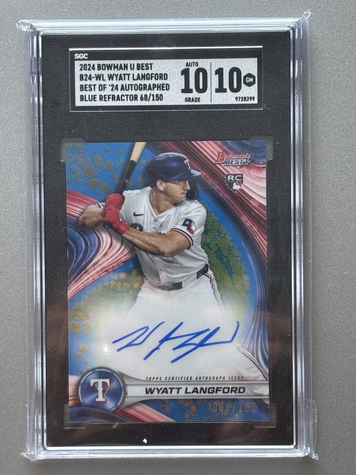 2024 Bowman's Best Baseball Wyatt Langford Blue Refractor /150 RC Auto SGC 10