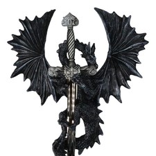 Gothic Black Winged Dragon Wall Plaque with Removable Medieval Sword   12-Inch