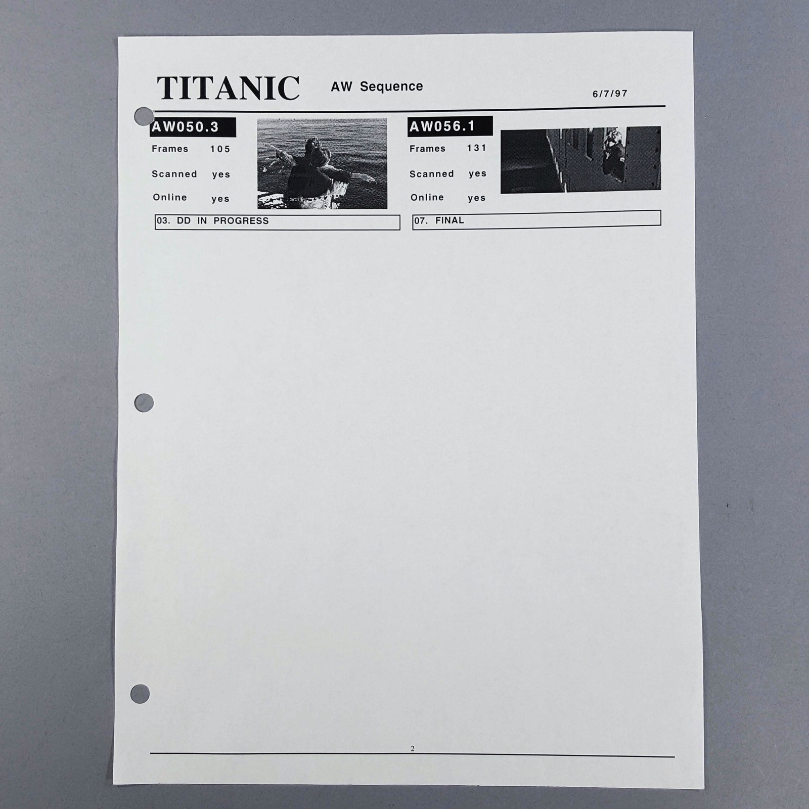 Titanic AW Sequence VFX Shot Tracker Report Shots, Rose, Jack, Prop COA
