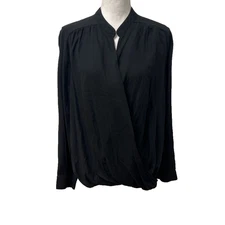 Splendid Faux Wrap Blouse Top Womens Large Black Classic Career Teacher Office