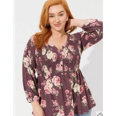 Torrid Texture Smocked Henley Babydoll Roses Floral Winter Bloom, size 2X,18/20