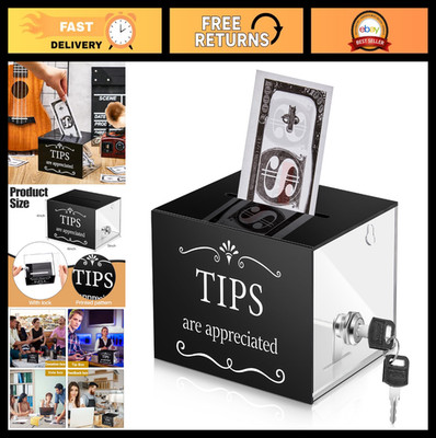 Acrylic Tip Collection Box with Lock - 6x4x5 Inch Donation Suggestion Jar for Ba