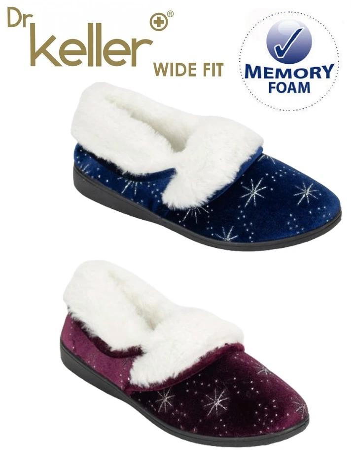 DR KELLER LADIES WIDE E FIT GLITTER FAUX FUR LINED MEMORY FOAM SLIPPERS WOMENS